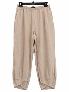 L-Retro Beige Wide Leg Pants Size L Boho Linen Look Elastic Waist Pockets